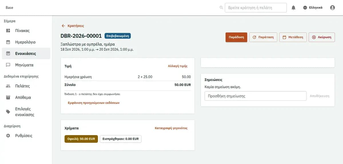 Η κονσόλα κρατήσεων, με επινοημένες εγγραφές: μία κράτηση με τις γραμμές τιμής και το ιστορικό της