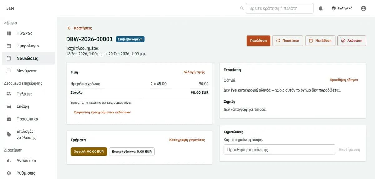 Η κονσόλα κρατήσεων, με επινοημένες εγγραφές: μία κράτηση με τις γραμμές τιμής και το ιστορικό της