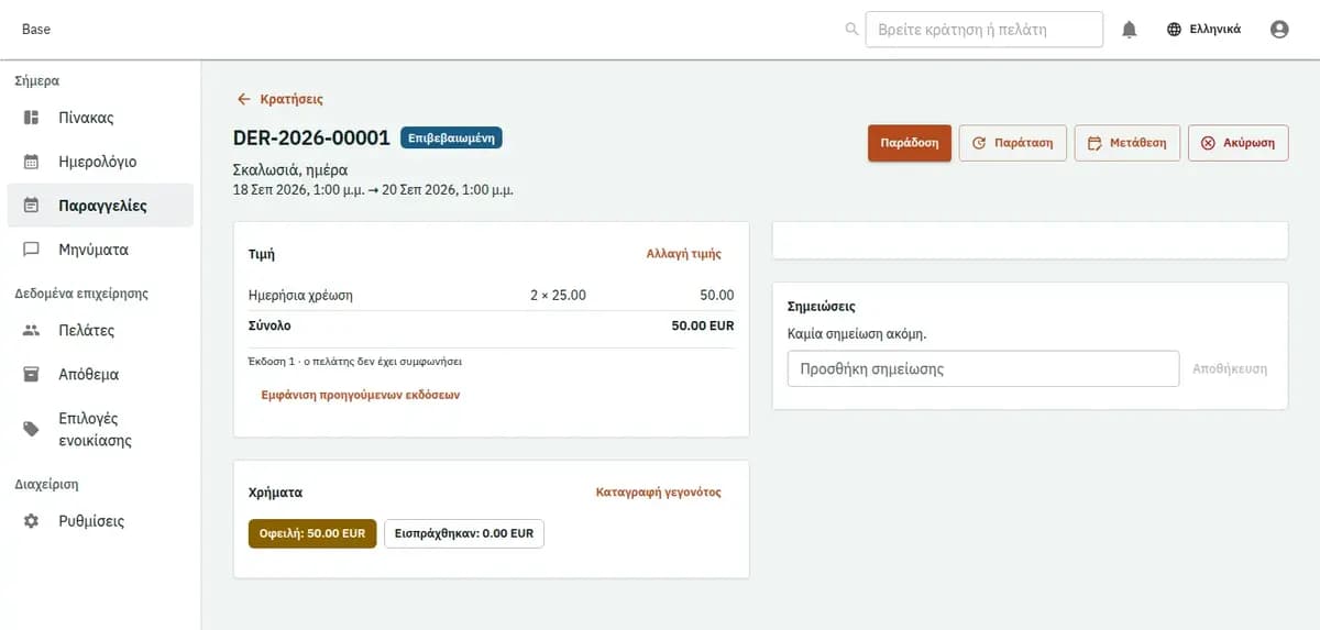 Η κονσόλα κρατήσεων, με επινοημένες εγγραφές: μία κράτηση με τις γραμμές τιμής και το ιστορικό της