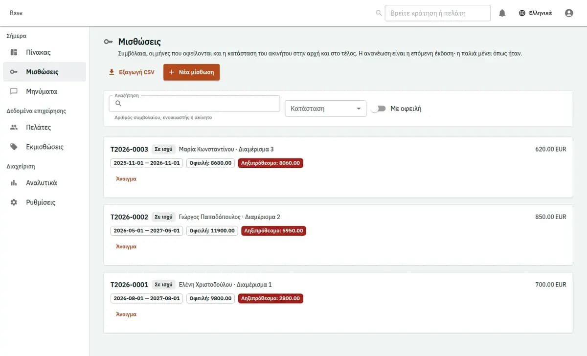Οθόνη Base με ακίνητο αμετάβλητο μισθωτήριο υποχρεώσεις επιθεωρήσεις ανανέωση και λήξη