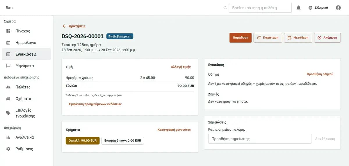 Η κονσόλα κρατήσεων, με επινοημένες εγγραφές: μία κράτηση με τις γραμμές τιμής και το ιστορικό της