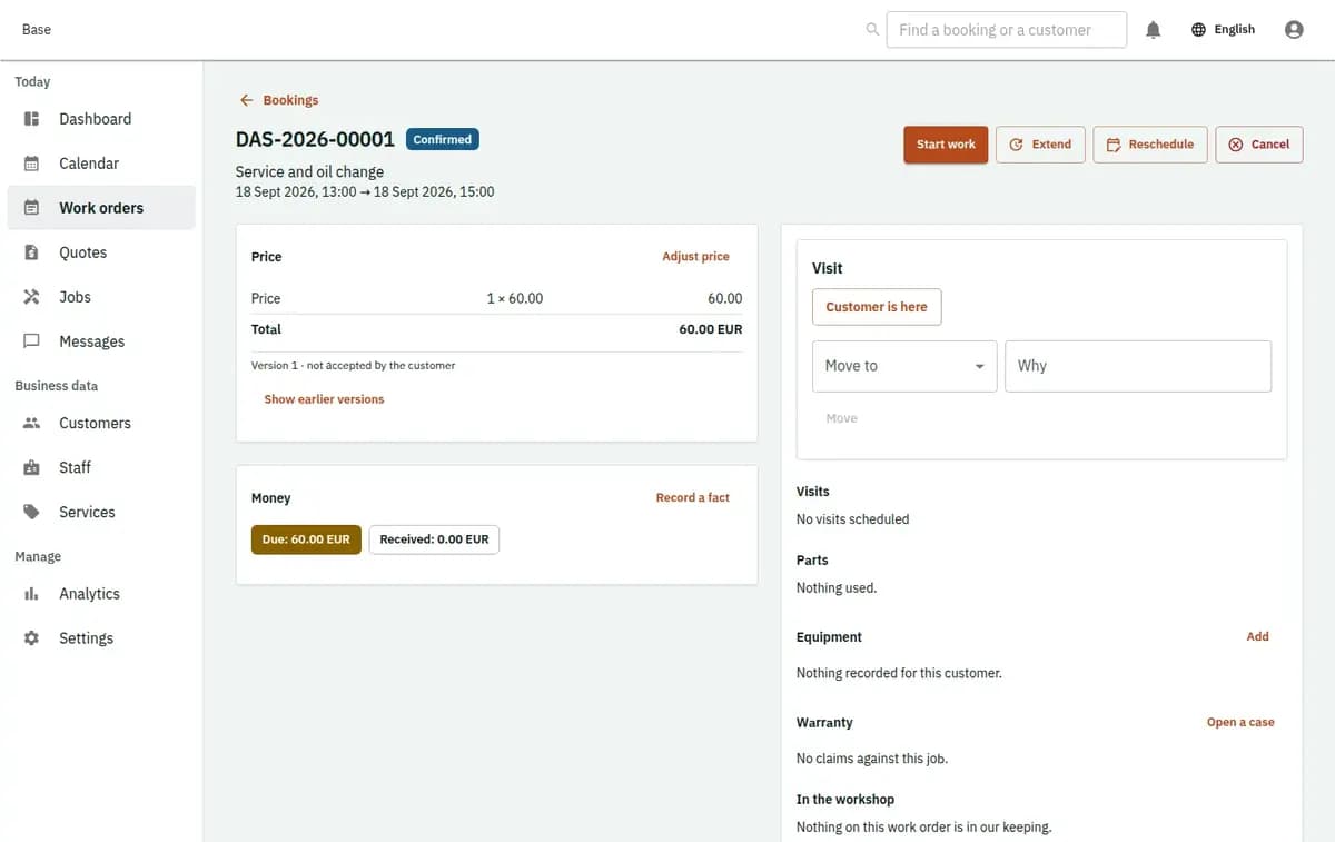 The booking console, with invented records: one booking with its price lines and history