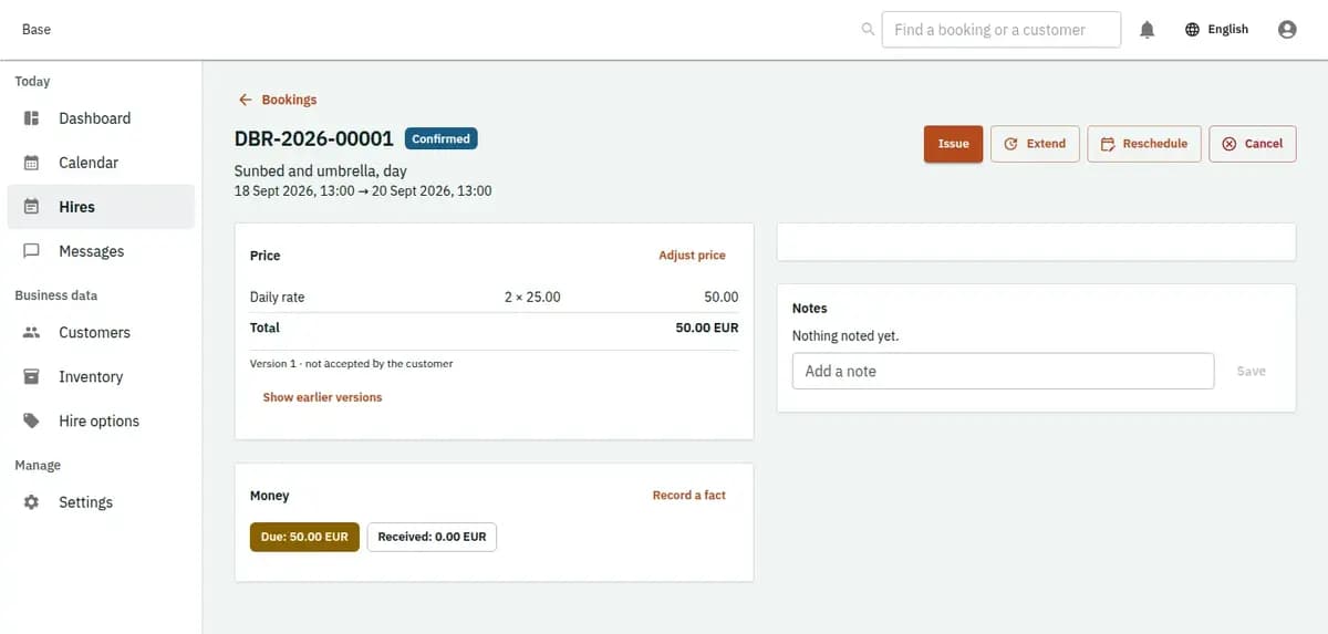 The booking console, with invented records: one booking with its price lines and history
