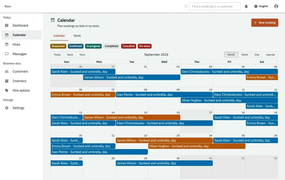 Base view showing sunbed and umbrella counts by beach zone with hourly kayak hires