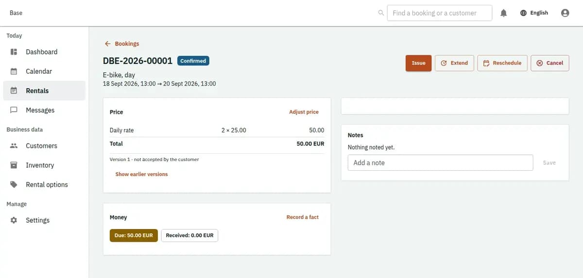 The booking console, with invented records: one booking with its price lines and history