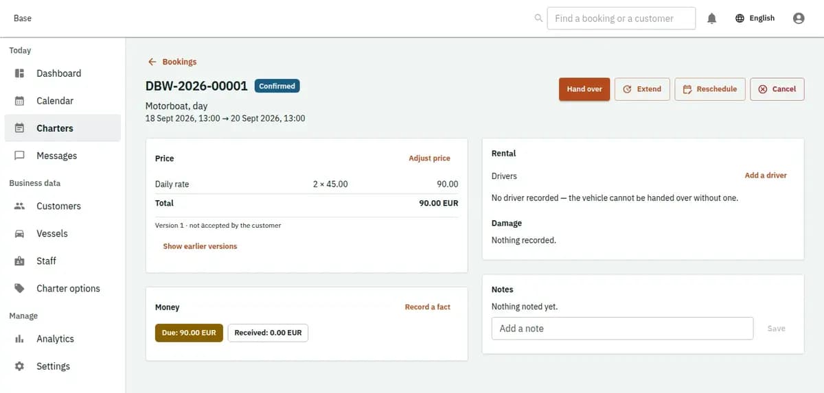 The booking console, with invented records: one booking with its price lines and history