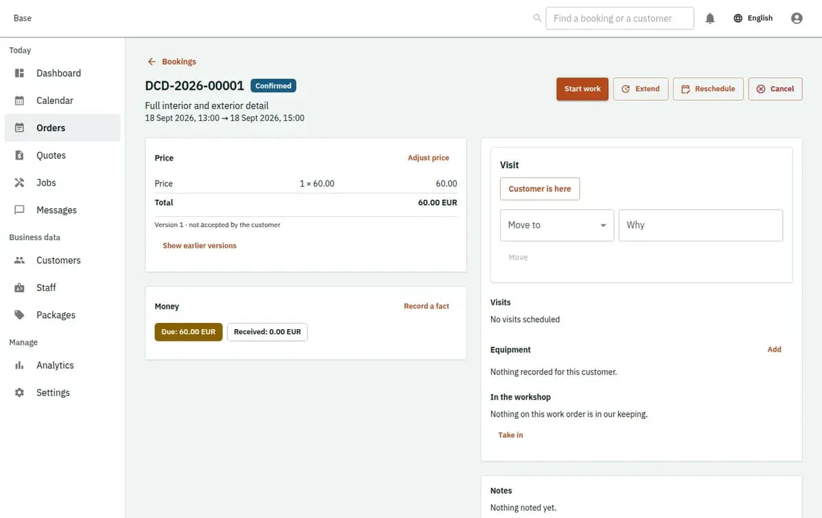 The booking console, with invented records: one booking with its price lines and history