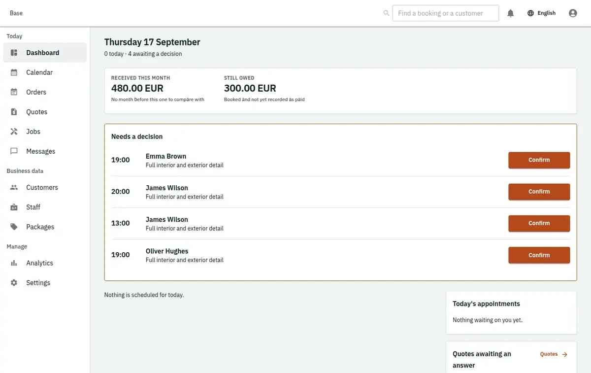 The booking console, with invented records: the day’s requests and money