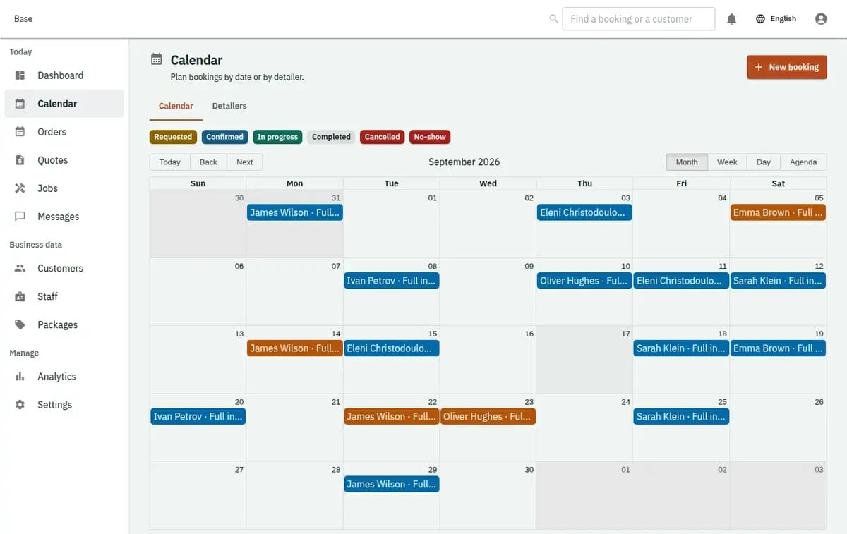Base calendar showing detailing bays, assigned detailers, a multi-day coating and a mobile visit with travel time