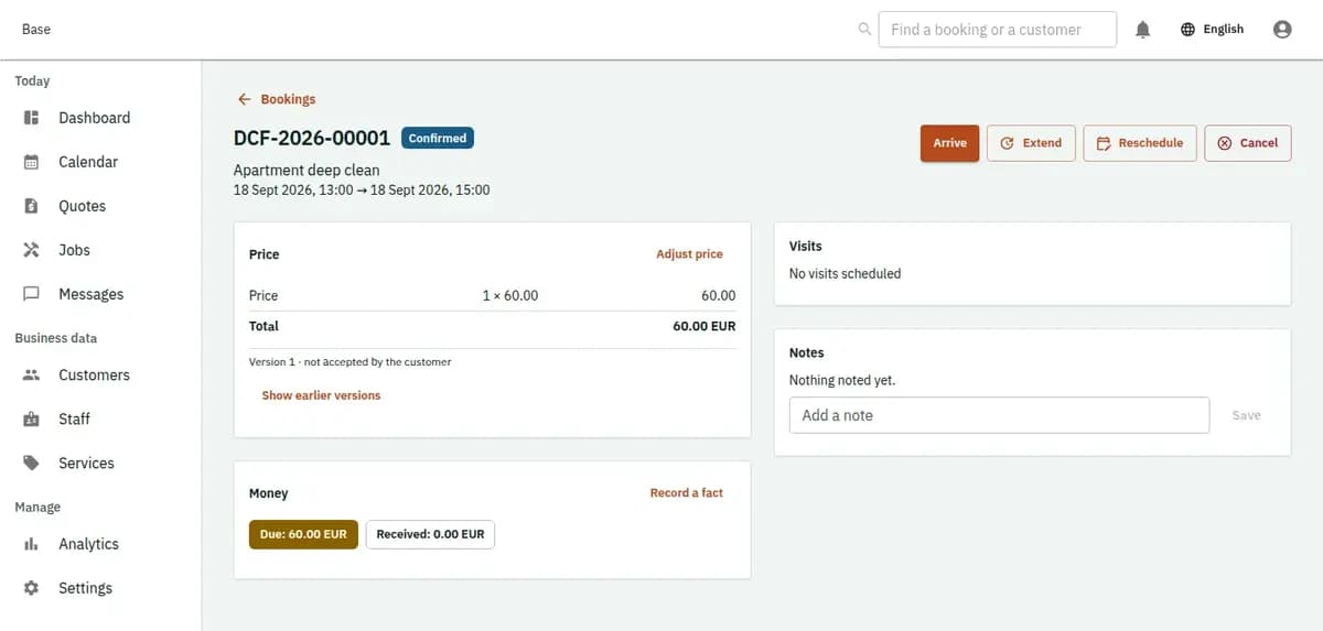 The booking console, with invented records: one booking with its price lines and history