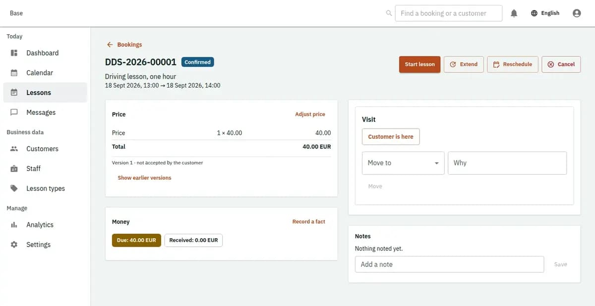 The booking console, with invented records: one booking with its price lines and history