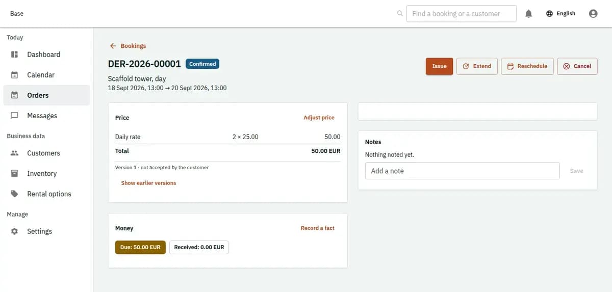 The booking console, with invented records: one booking with its price lines and history