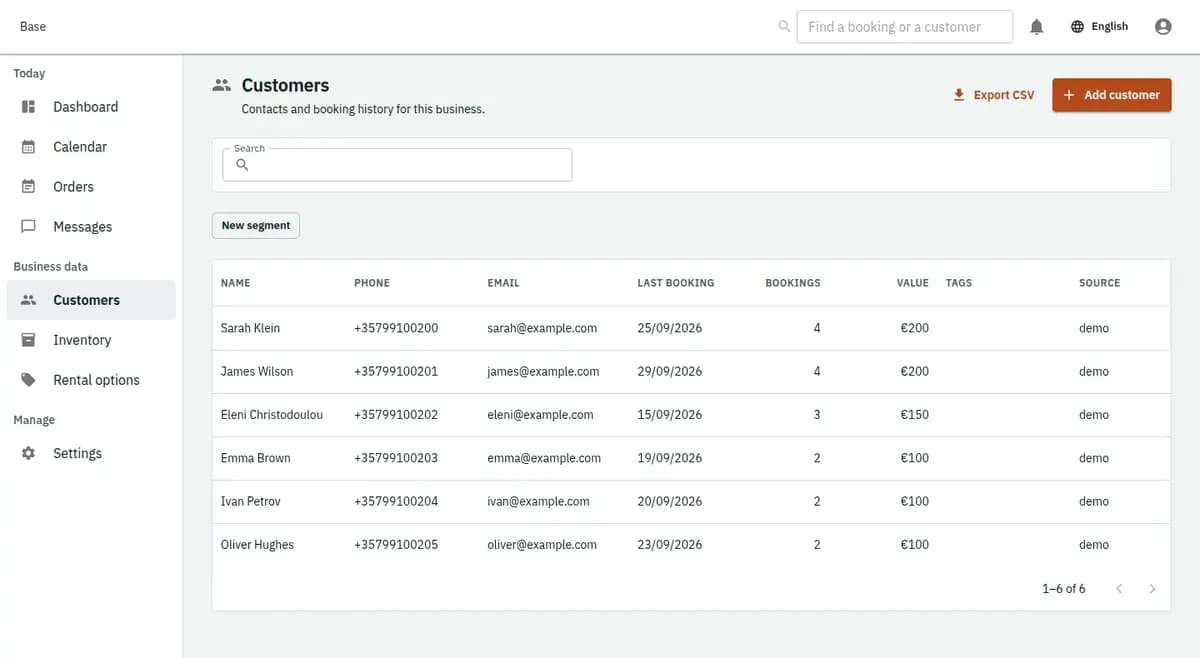 The booking console, with invented records: the customer list