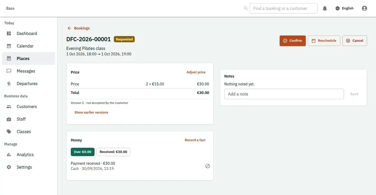 The booking console, with invented records: one booking with its price lines and history