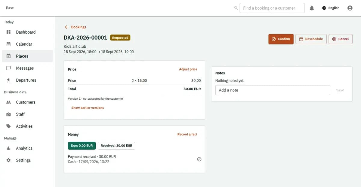 The booking console, with invented records: one booking with its price lines and history