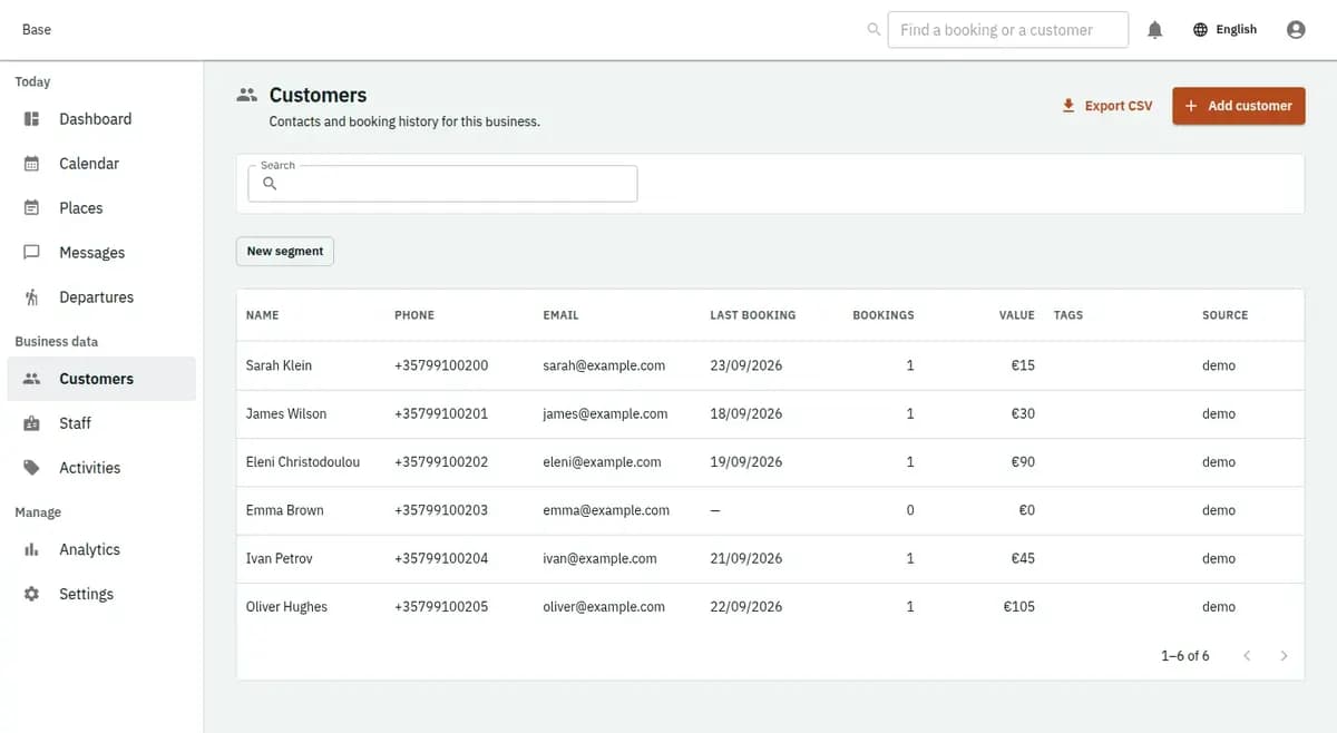 The booking console, with invented records: the customer list