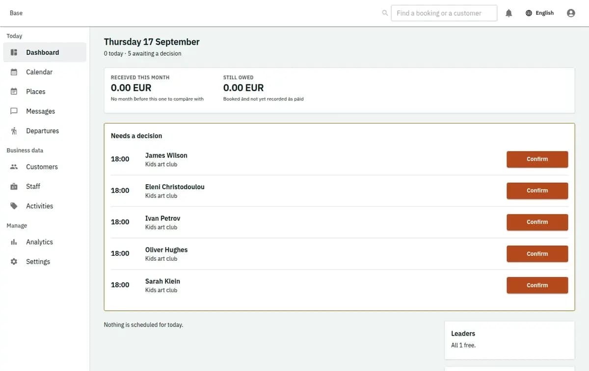 The booking console, with invented records: the day’s requests and money