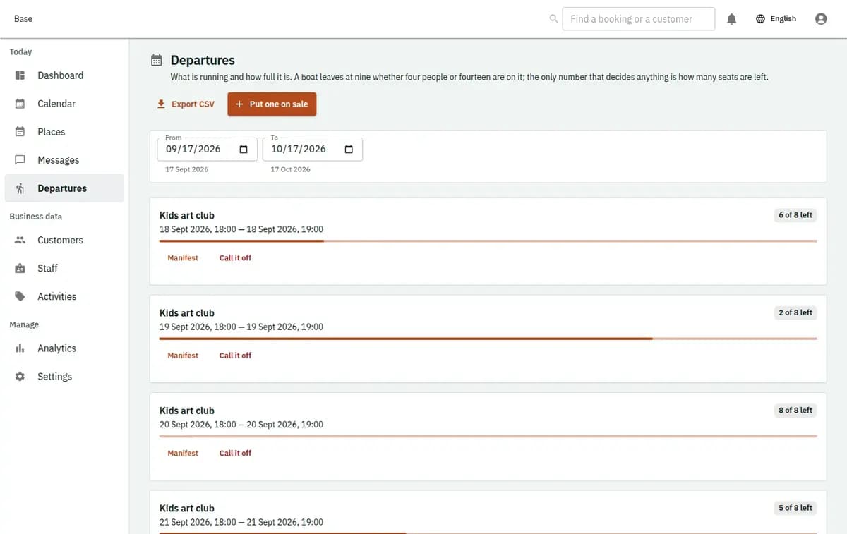 Base session view showing places, age band, assigned leader and the day’s participant register
