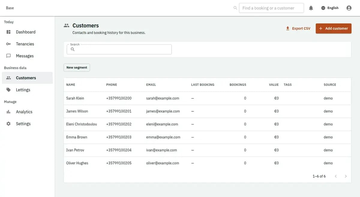 The booking console, with invented records: the customer list