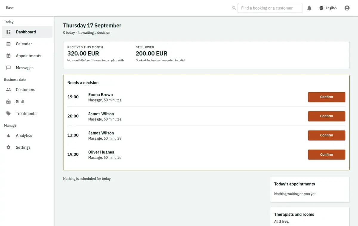 The booking console, with invented records: the day’s requests and money