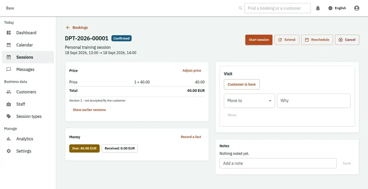 The booking console, with invented records: one booking with its price lines and history