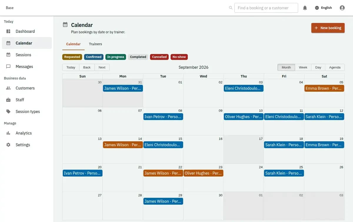 Base calendar showing standing weekly one-to-one sessions by trainer with remaining package sessions