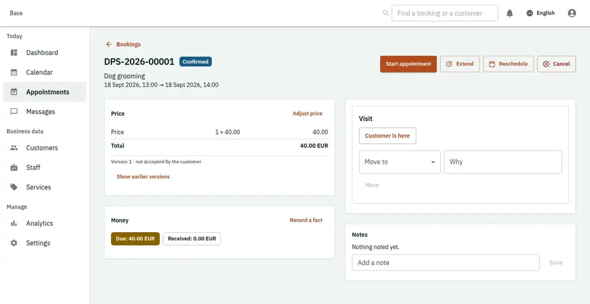 The booking console, with invented records: one booking with its price lines and history
