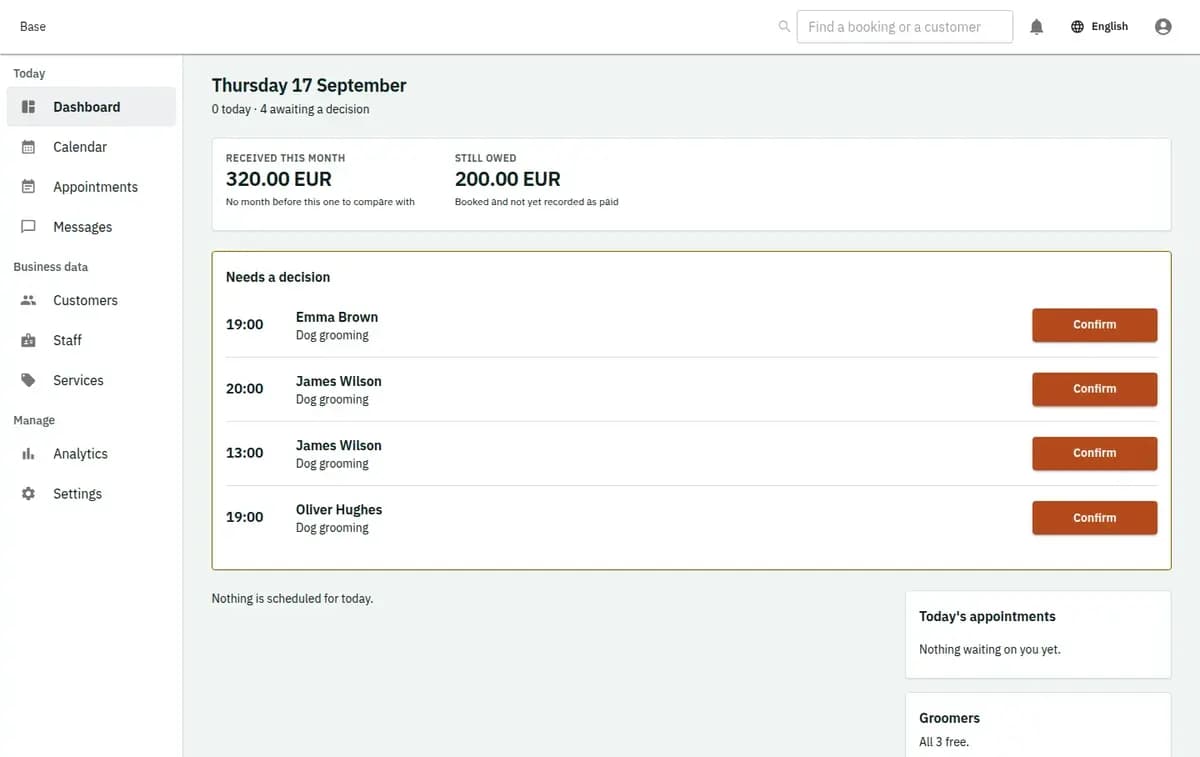 The booking console, with invented records: the day’s requests and money