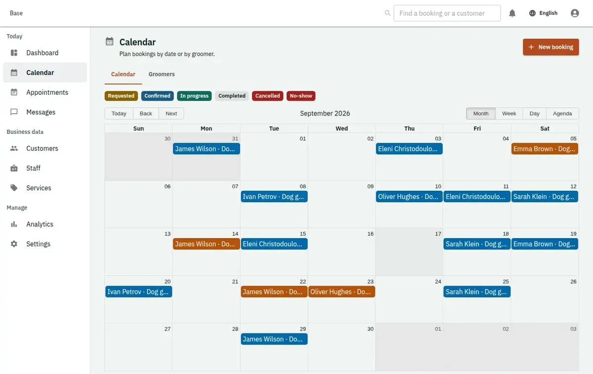 Base calendar showing grooming visits by groomer and table with drop-off and collection times