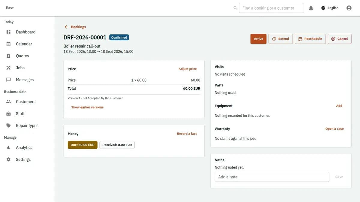 The booking console, with invented records: one booking with its price lines and history