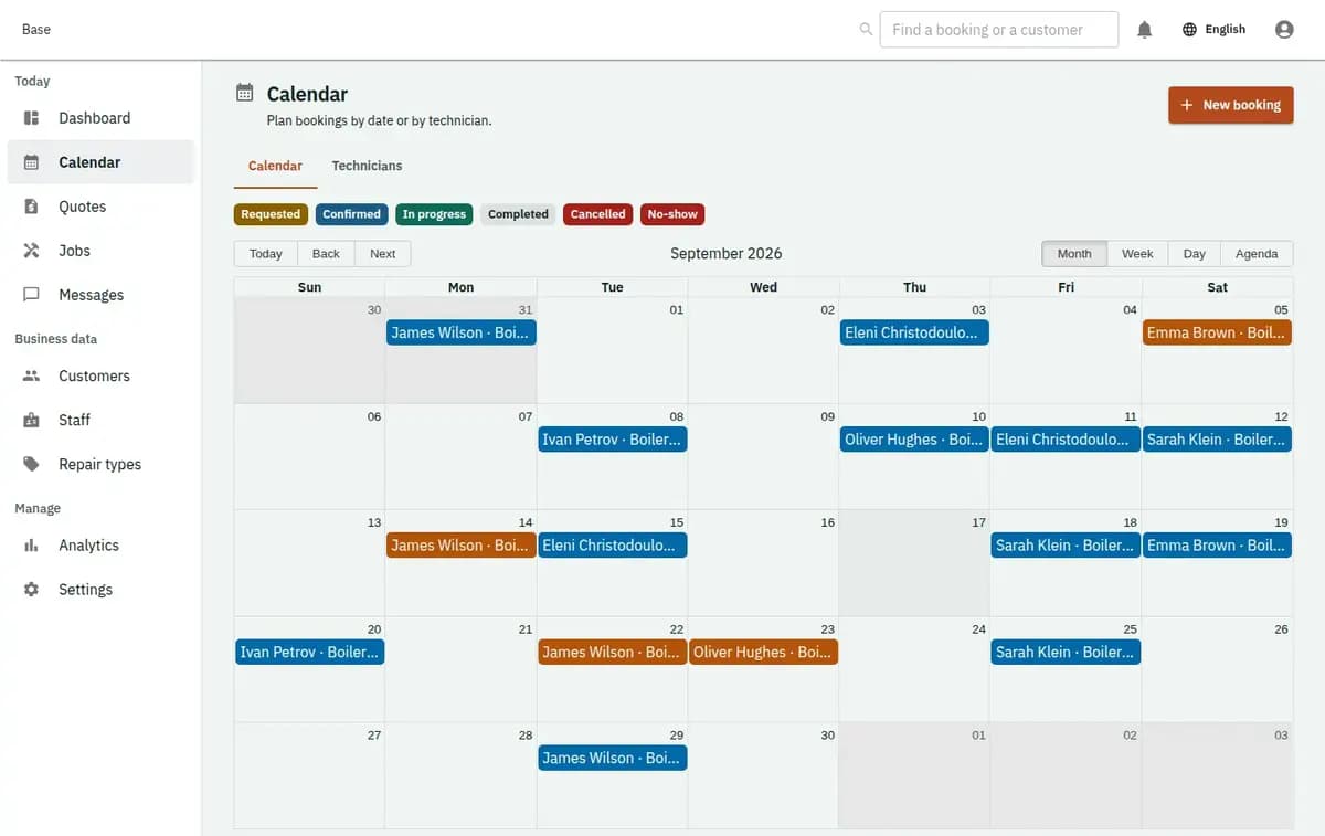 Base repair dispatch calendar with customer assets estimates jobs technician visits and warranty returns