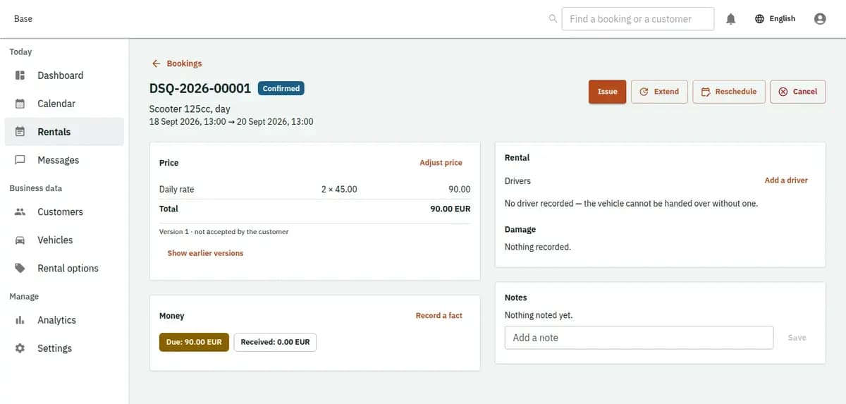 The booking console, with invented records: one booking with its price lines and history