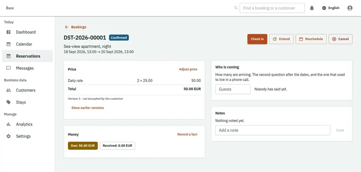 The booking console, with invented records: one booking with its price lines and history