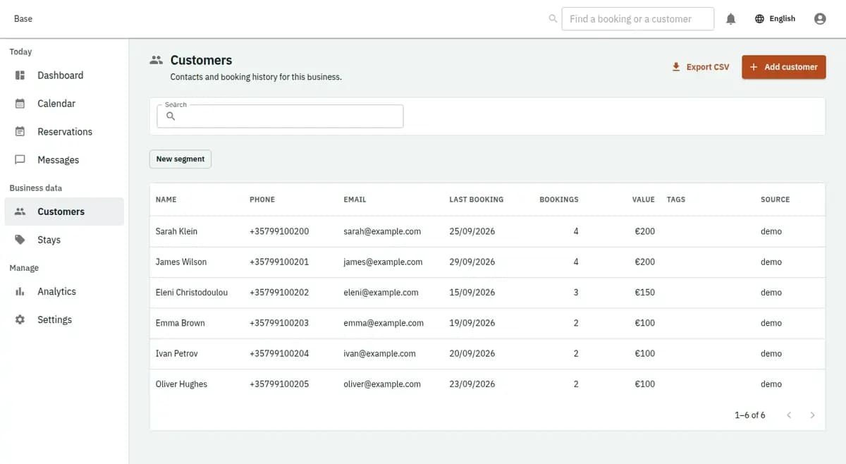The booking console, with invented records: the customer list
