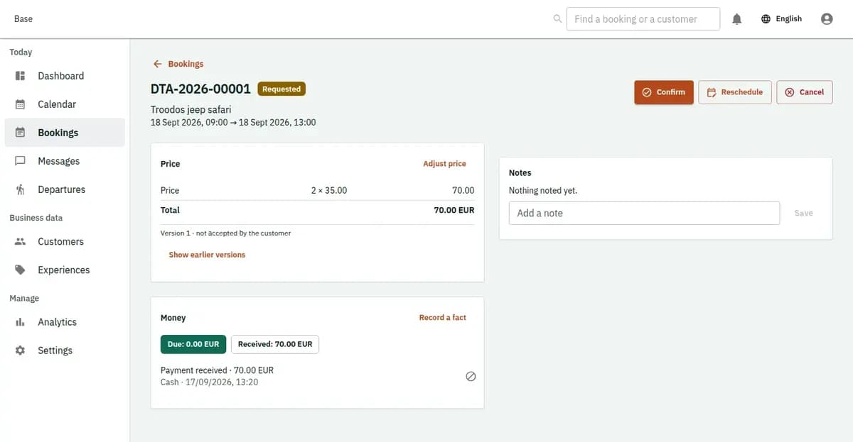 The booking console, with invented records: one booking with its price lines and history