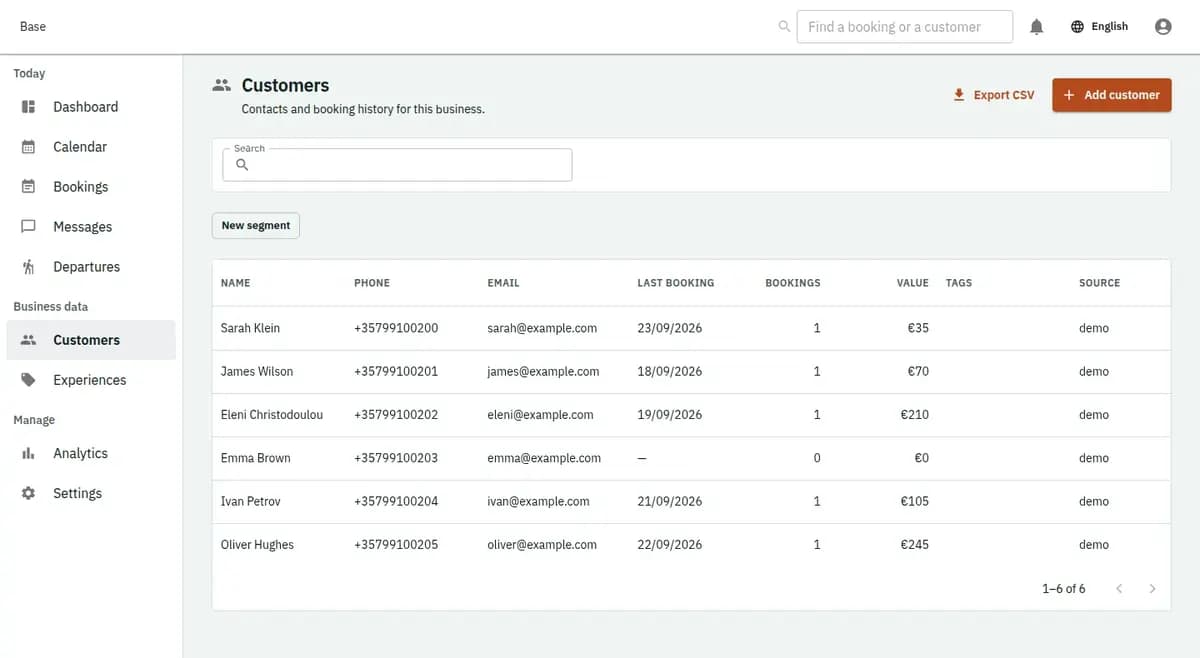 The booking console, with invented records: the customer list