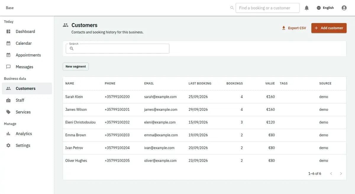 The booking console, with invented records: the customer list