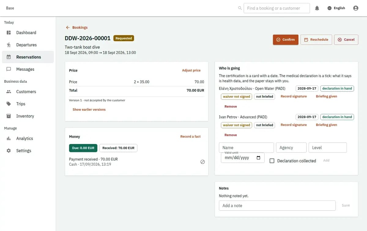 The booking console, with invented records: one booking with its price lines and history