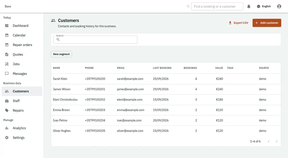 The booking console, with invented records: the customer list
