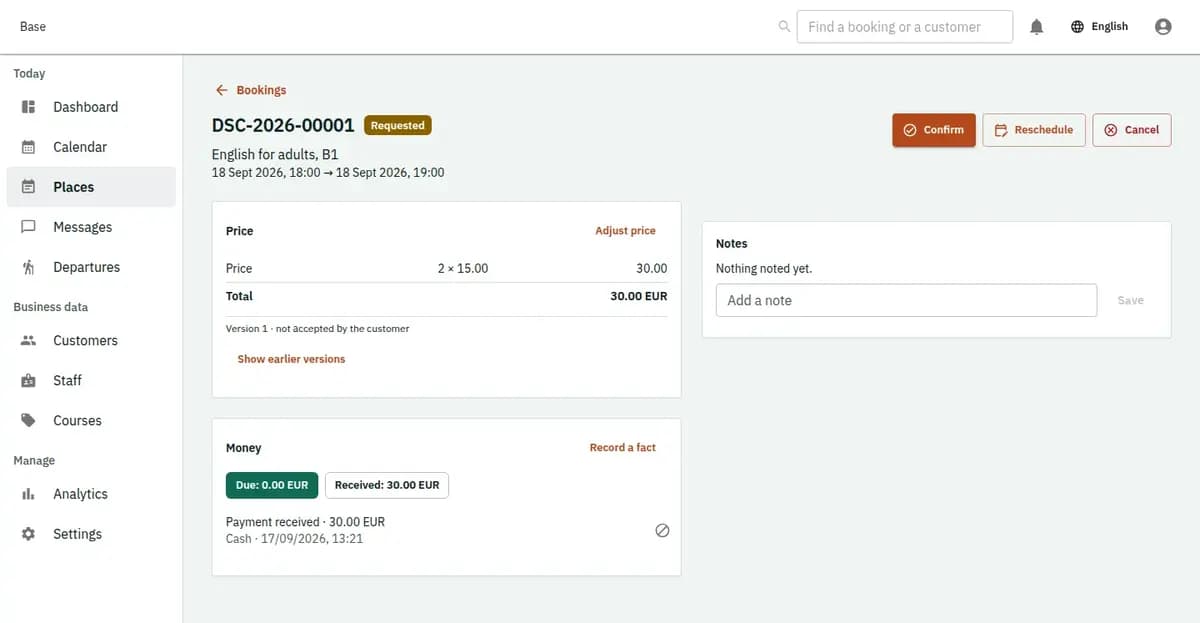 The booking console, with invented records: one booking with its price lines and history