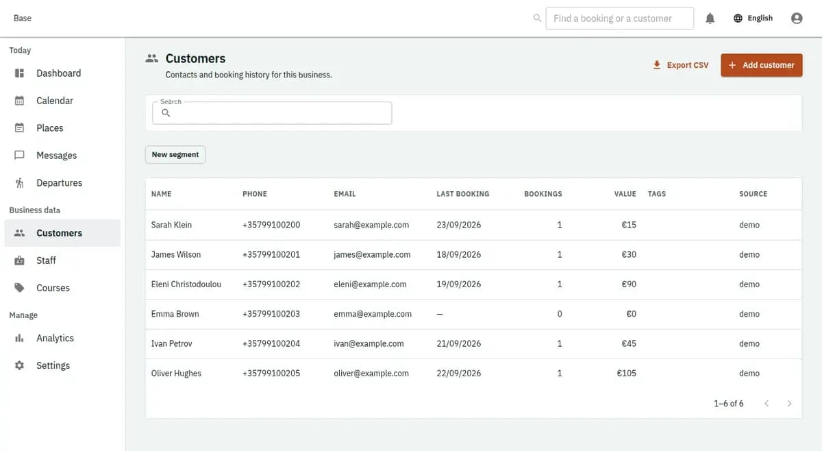 The booking console, with invented records: the customer list