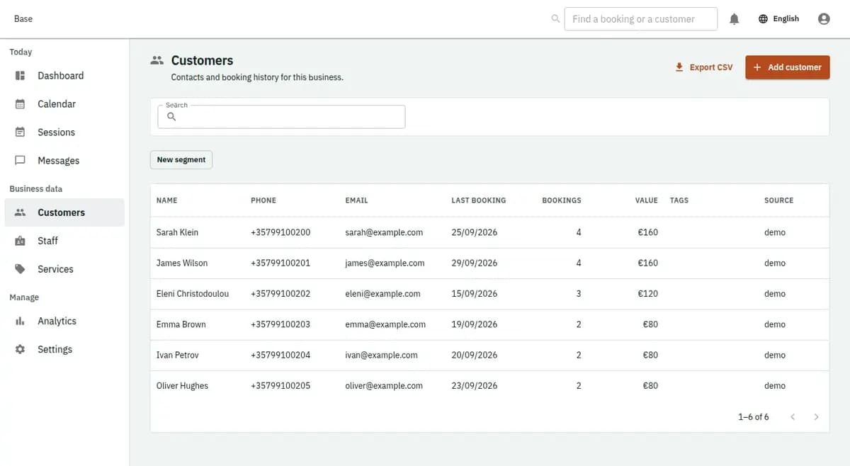 The booking console, with invented records: the customer list