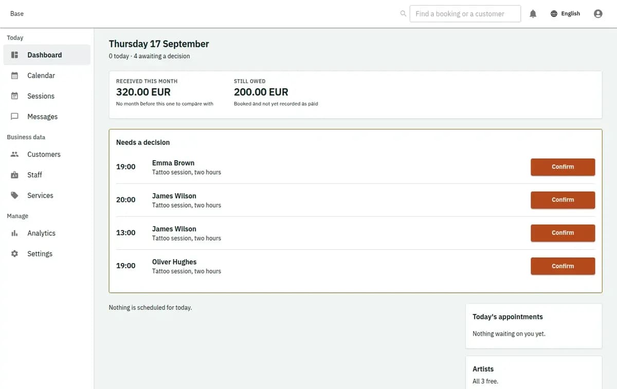 The booking console, with invented records: the day’s requests and money
