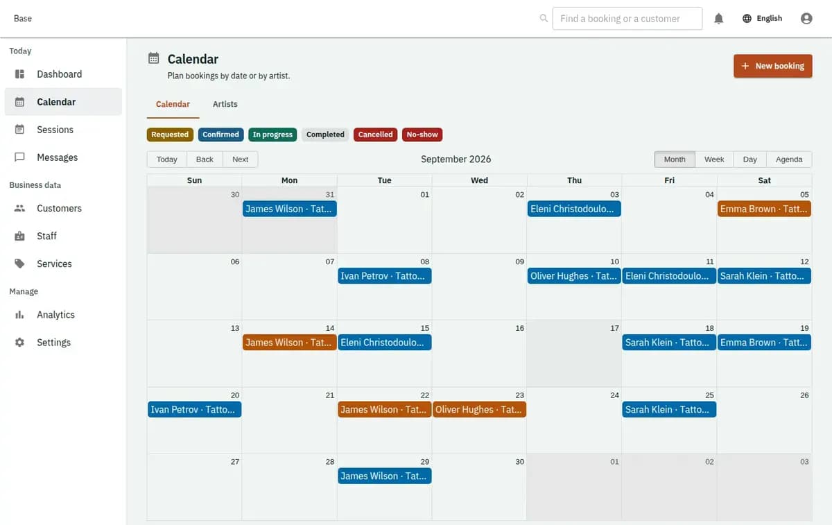 Base calendar showing long tattoo sittings by artist, a guest artist week and a multi-session piece