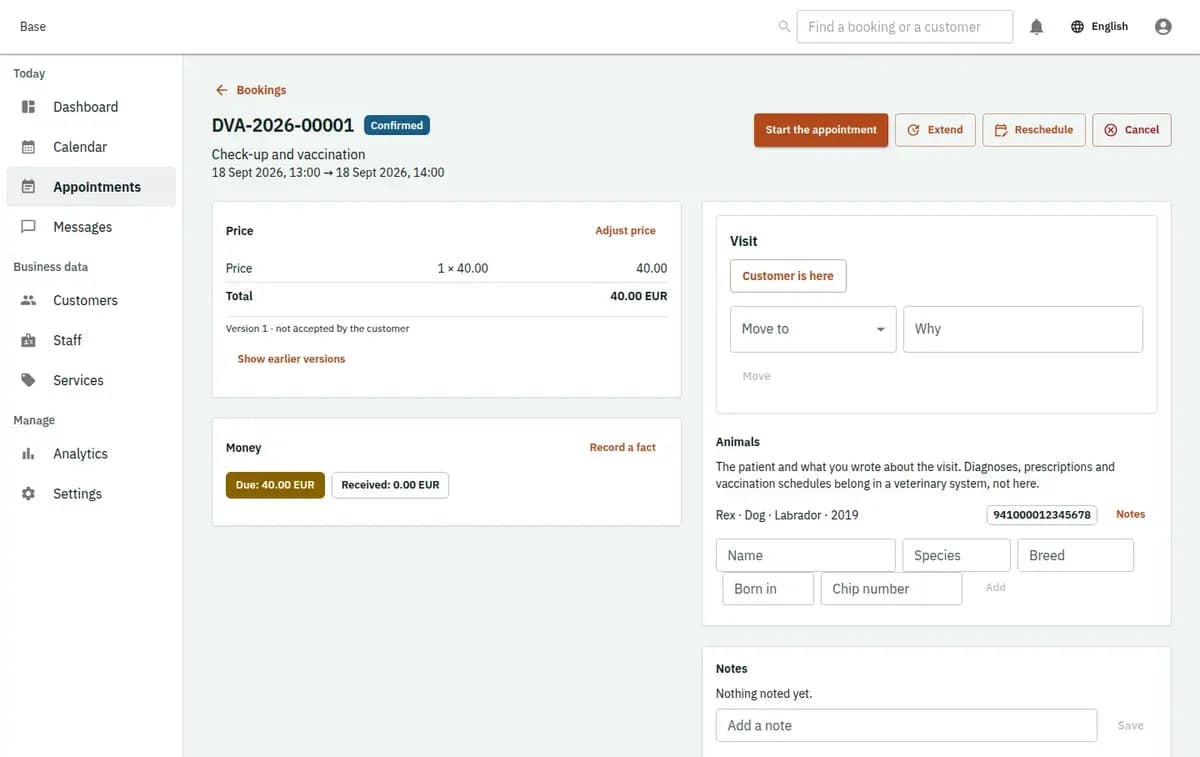 The booking console, with invented records: one booking with its price lines and history